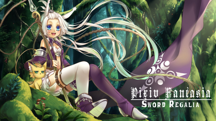 :d animal animal_ears bare_shoulders blue_eyes boots breasts center_opening cleavage detached_sleeves hair_ornament highres kingchenxi long_hair looking_at_viewer navel open_mouth pixiv_fantasia pixiv_fantasia_sword_regalia shorts sitting smile solo staff thigh-highs thighhighs very_long_hair white_hair white_legwear