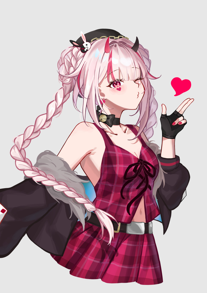 1girl :3 absurdres alice_(alesssu) asymmetrical_horns bare_shoulders bell belt black_choker black_gloves braid breasts butterfly-shaped_pupils checkered_clothes choker collarbone commentary cowboy_shot crop_top danmaku_comments diamond_(shape) diamond_facial_mark diamond_on_cheek double_bun facial_mark fingerless_gloves fingernails fur-trimmed_jacket fur_trim gloves grey_background grey_hair hair_bun hands_up hat hat_chain hat_ornament heart heart_facial_mark highres honkai:_star_rail honkai_(series) horns jacket leg_warmers long_hair looking_at_viewer mismatched_horns multicolored_hair nail_polish navel official_art_inset one_eye_closed open_mouth pink_hair pink_horns pink_nails pink_skirt pink_tank_top plaid_clothes plaid_skirt plaid_tank_top purple_leg_warmers rabbit_hat_ornament red_streaks ribbon simple_background skirt smile solo sparkle_(honkai:_star_rail) sparxie_(ethereal_dance)_(honkai:_star_rail) sparxie_(honkai:_star_rail) spoken_heart standing streaked_hair symbol-shaped_pupils tank_top twin_braids untranslatable_commentary white_background white_hair