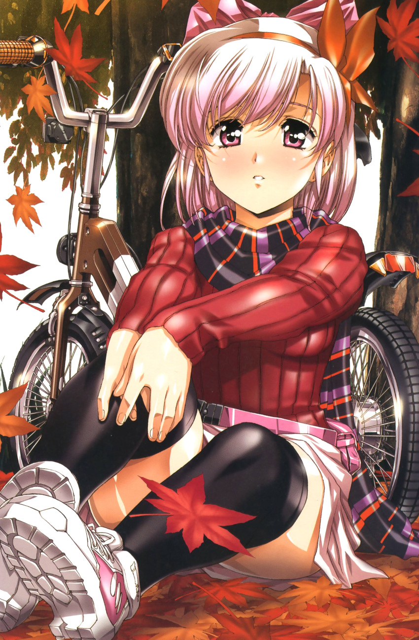 autumn autumn_leaves bicycle black_legwear copyright_request fanny_pack fashion hairband highres parted_lips pink_eyes pink_hair scarf shoes short_hair sitting solo sweater thigh-highs thighhighs tree urushihara_satoshi