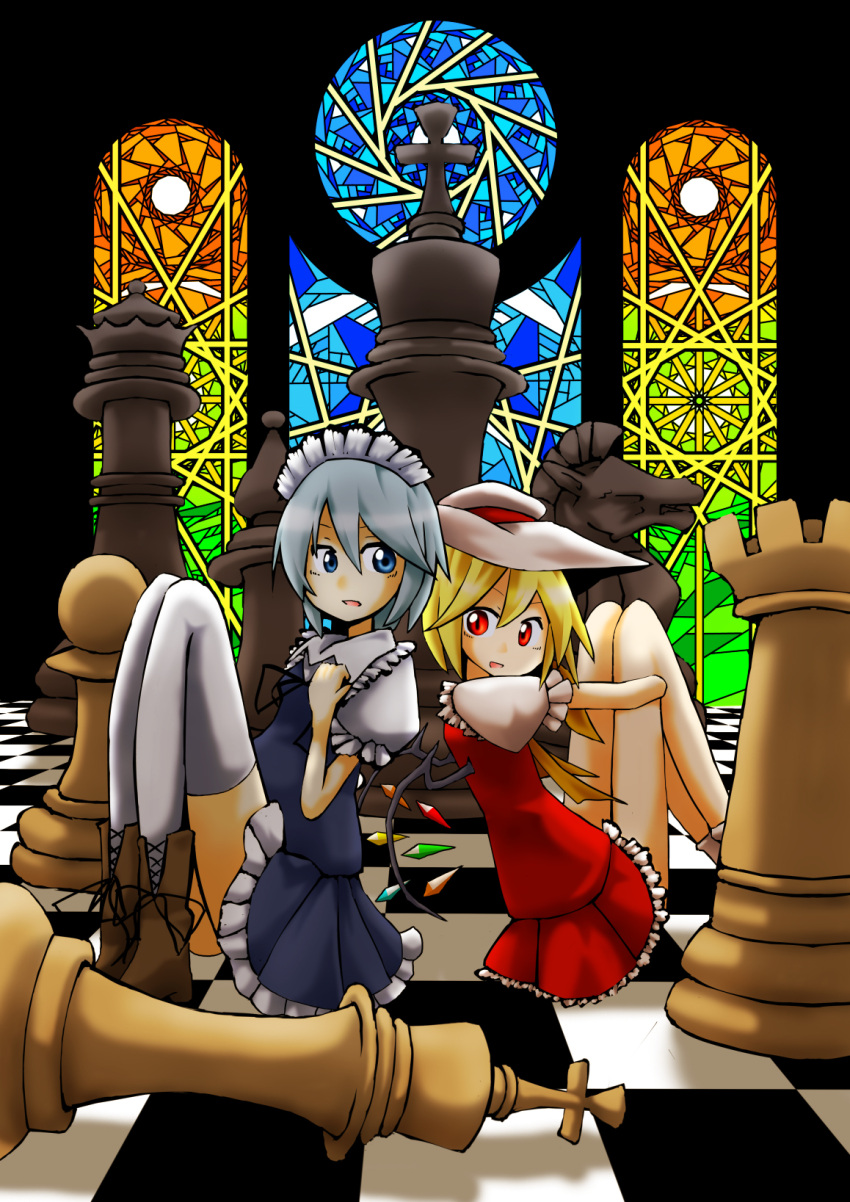 back-to-back blonde_hair blue_eyes boots checkered checkered_floor chess chess_piece dress flandre_scarlet grey_hair hat highres izayoi_sakuya leg_hug maid_headdress multiple_girls red_eyes stained_glass tasoku_hokou_heiki thigh-highs thighhighs touhou white_legwear wings