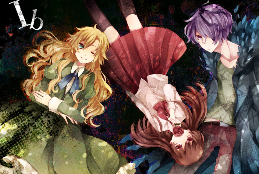 1boy 2girls blonde_hair brown_hair coat dress eve_(ib) flower garry_(ib) gary_(ib) green_dress green_eyes hair_over_one_eye ib ib_(ib) long_hair long_sleeves mary_(ib) multiple_girls pants purple_eyes purple_hair red_eyes rose short_hair skirt violet_eyes wavy_hair wink