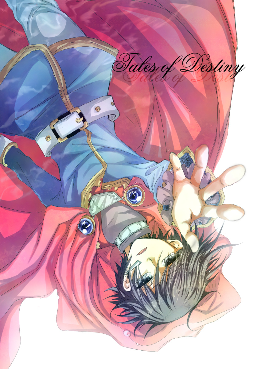black_hair cape coat grey_eyes highres kazato_yuiri leon_magnus male outstretched_hand pants solo tales_of_(series) tales_of_destiny tears title_drop white_background