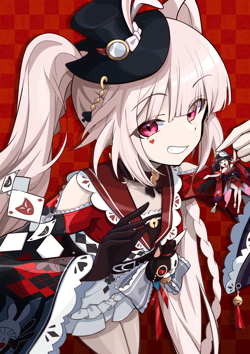 1girl ^_^ absurdres belt black_belt black_choker black_gloves black_hat black_sleeves blue_bow blush bow braid braided_sidelock breasts chibi choker closed_eyes clothing_cutout club_(shape) collar commentary_request crying detached_sleeves diamond_(shape) diamond_facial_mark diamond_on_cheek facial_mark fox_mask frilled_bow frilled_collar frilled_skirt frilled_sleeves frills gloves grey_hair grin hair_intakes hand_grab hat hat_bow hat_ornament heart heart_facial_mark heart_on_cheek highres honkai:_star_rail honkai_(series) japanese_clothes kimono long_hair long_sleeves looking_at_viewer mark_under_both_eyes mask mini_hat mini_top_hat multicolored_hair mutsu_aya obi open_mouth pink_eyes plaid_background plaid_clothes plaid_sleeves poker rabbit_ear_headwear rabbit_hat_ornament red_background red_eyes red_hair red_kimono red_ribbon red_sleeves ribbon sailor_collar sandals sash semi-rimless_eyewear shoulder_cutout single_glove skirt smile solo spade_(shape) sparkle_(honkai:_star_rail) sparxie_(honkai:_star_rail) streaked_hair supplicant_mask tearing_up tears thumbs_up_emoji top_hat triangle_mouth twintails very_long_hair white_hair white_skirt wide_sleeves