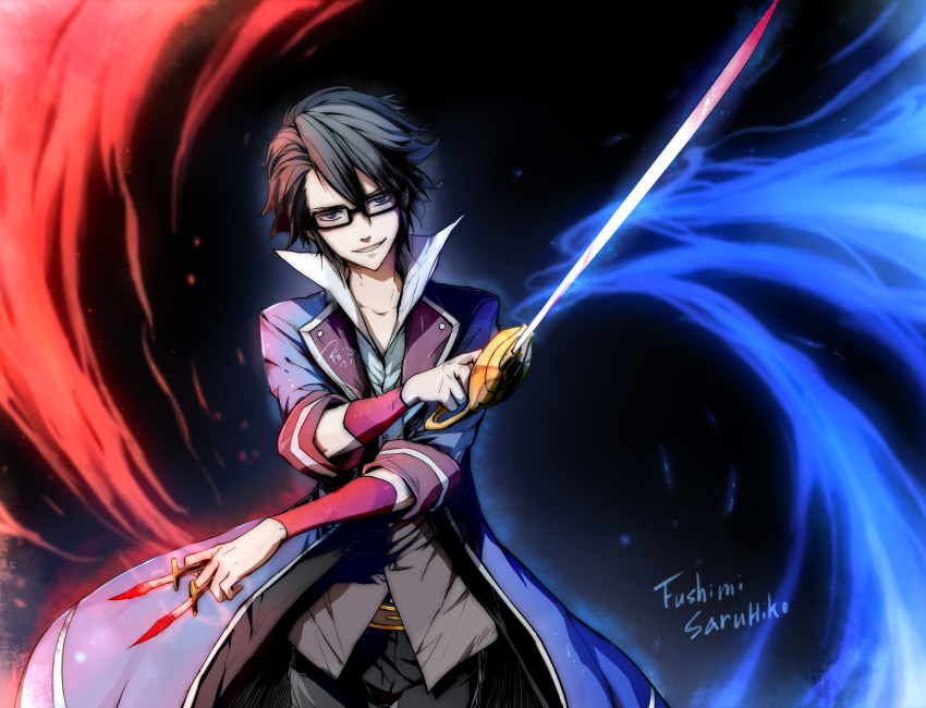 1boy black_hair blue_eyes character_name fushimi_saruhiko glasses highres k_(anime) linjie rapier solo sword weapon