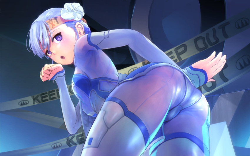 ass caution_tape fin_e_ld_si_laffinty flower hair_flower hair_ornament headband keep_out leaning_forward looking_back panties paw_pose purple_eyes rinne_no_lagrange see-through solo underwear violet_eyes