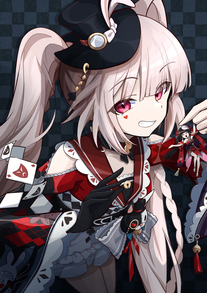 1girl ^_^ absurdres belt black_background black_belt black_choker black_gloves black_hat black_sleeves blue_bow blush bow braid braided_sidelock breasts chibi chinese_commentary choker closed_eyes clothing_cutout club_(shape) collar commentary_request crying detached_sleeves diamond_(shape) diamond_facial_mark diamond_on_cheek facial_mark fox_mask frilled_bow frilled_collar frilled_skirt frilled_sleeves frills gloves grey_hair grin hair_intakes hand_grab hat hat_bow hat_ornament heart heart_facial_mark heart_on_cheek highres honkai:_star_rail honkai_(series) japanese_clothes kimono long_hair long_sleeves looking_at_viewer mark_under_both_eyes mask mini_hat mini_top_hat multicolored_hair mutsu_aya obi open_mouth pink_eyes plaid_background plaid_clothes plaid_sleeves poker rabbit_ear_headwear rabbit_hat_ornament red_eyes red_hair red_kimono red_ribbon red_sleeves ribbon sailor_collar sandals sash semi-rimless_eyewear shoulder_cutout single_glove skirt smile solo spade_(shape) sparkle_(honkai:_star_rail) sparxie_(honkai:_star_rail) streaked_hair supplicant_mask tearing_up tears thumbs_up_emoji top_hat triangle_mouth twintails very_long_hair white_hair white_skirt wide_sleeves