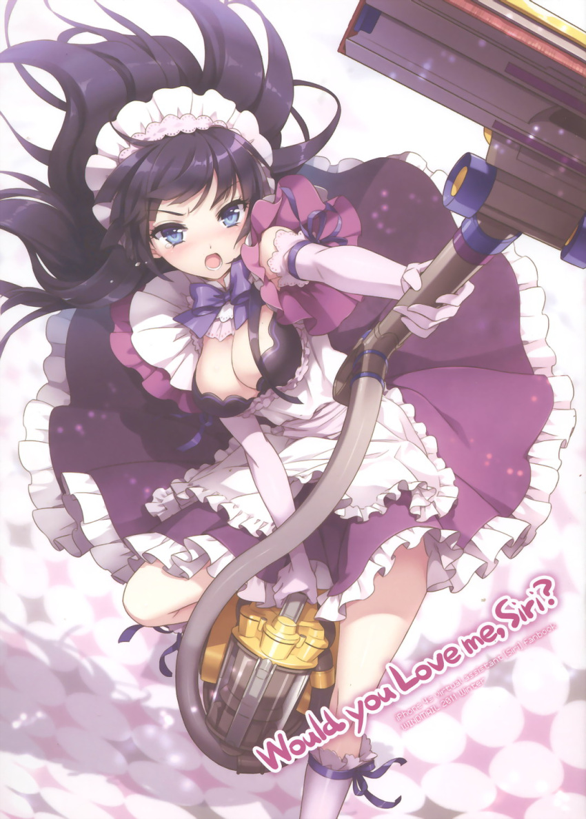 an2a apple_inc. apron black_hair blue_eyes breasts cleavage cleavage_cutout dress dyson elbow_gloves gloves highres kneehighs large_breasts leg_up long_hair maid maid_headdress open_mouth pink_gloves pink_legwear scan siri solo tears vacuum_cleaner