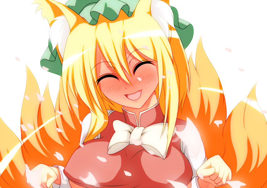 alternate_costume animal_ears blonde_hair blush bow breasts chen chen_(cosplay) cosplay fox_ears fox_tail full-face-blush full-face_blush hat head_tilt large_breasts merry_(diameri) multiple_tails paw_pose petals shirt short_hair smile solo tail touhou under_boob underboob undersized_clothes yakumo_ran