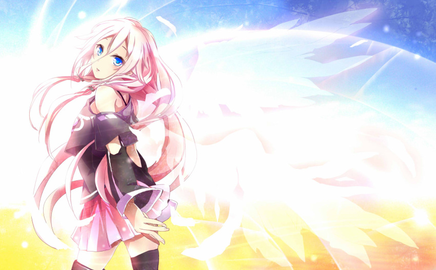 bare_shoulders blue_eyes braid haru_aki highres ia_(vocaloid) long_hair looking_at_viewer off_shoulder open_mouth pink_hair skirt solo thigh-highs thighhighs twin_braids very_long_hair vocaloid wings zettai_ryouiki
