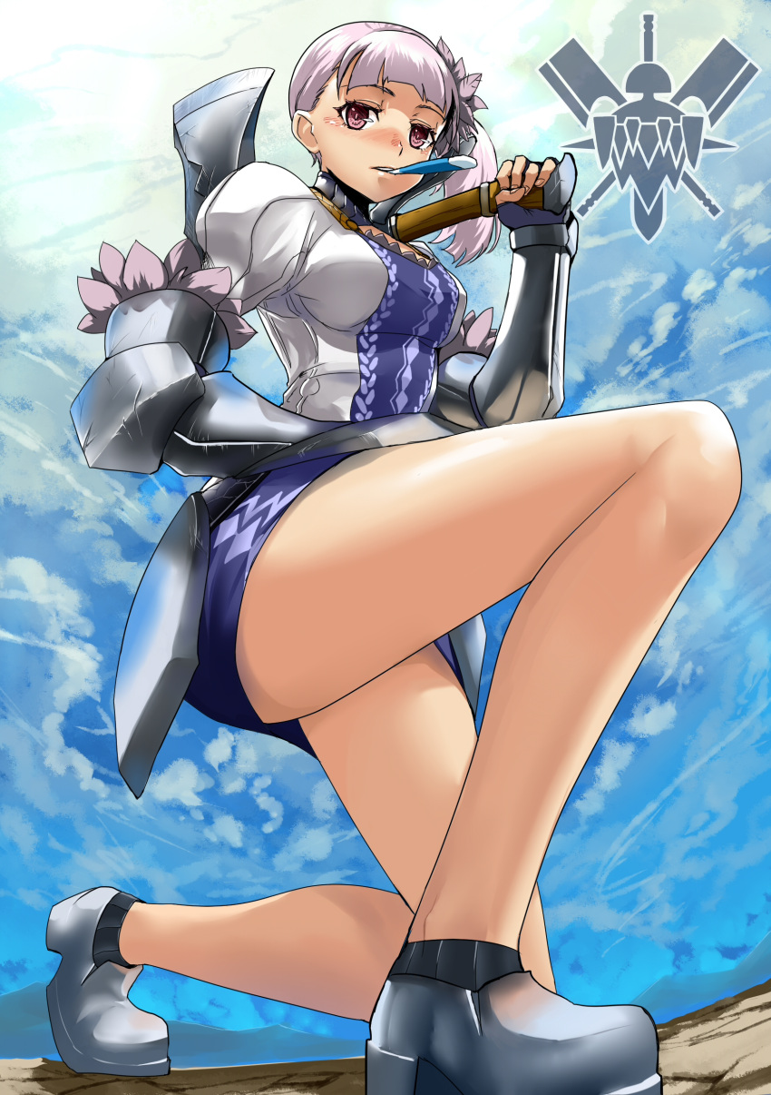 absurdres armor axe bare_legs battle_axe blouse breasts character_request highres legs lemuel_gulliver mouth_hold one_knee over_shoulder pixiv_fantasia pixiv_fantasia_sword_regalia purple_eyes purple_hair realmbw red_eyes shoes short_hair side_ponytail skirt sky solo thermometer weapon weapon_over_shoulder