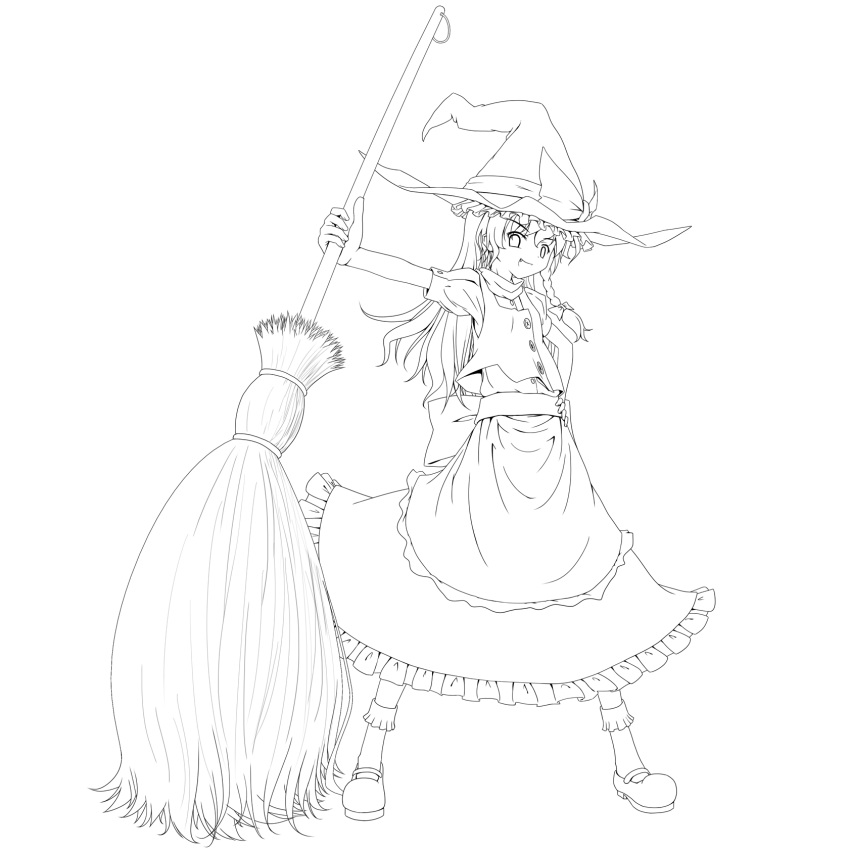 apron bow braid broom buttons fang hair_bow hair_ribbon hand_on_hip hat highres hips kirisame_marisa kujira-kousen lineart long_hair mary_janes monochrome ribbon shoes smile socks solo touhou witch witch_hat