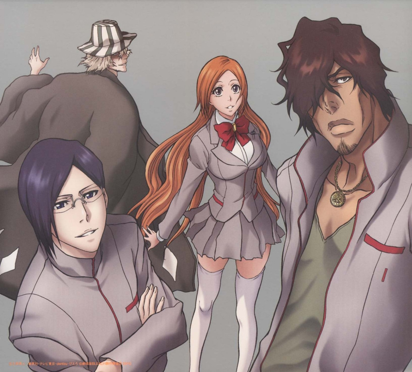 1girl 3boys black_hair blazer bleach blonde_hair blue_eyes bow brown_hair closed_mouth crossed_arms dark_skin glasses grey_background grey_blazer grey_jacket grey_skirt hair_ornament_removed hair_over_one_eye hairclip_on_clothes hairclip_removed haori hat inoue_orihime ishida_uryuu jacket jewelry long_hair long_sleeves miniskirt multiple_boys necklace official_art open_jacket orange_hair parted_bangs parted_lips pleated_skirt red_bow red_neckwear school_uniform shadow_over_eyes shirt shirt_under_jacket short_hair skirt smile standing striped striped_hat striped_headwear stubble thigh-highs thighhighs two-tone_headwear urahara_kisuke v-neck vertical-striped_hat vertical-striped_headwear vertical_stripes wavy_hair white_legwear white_shirt white_thighhighs yasutora_sado zettai_ryouiki