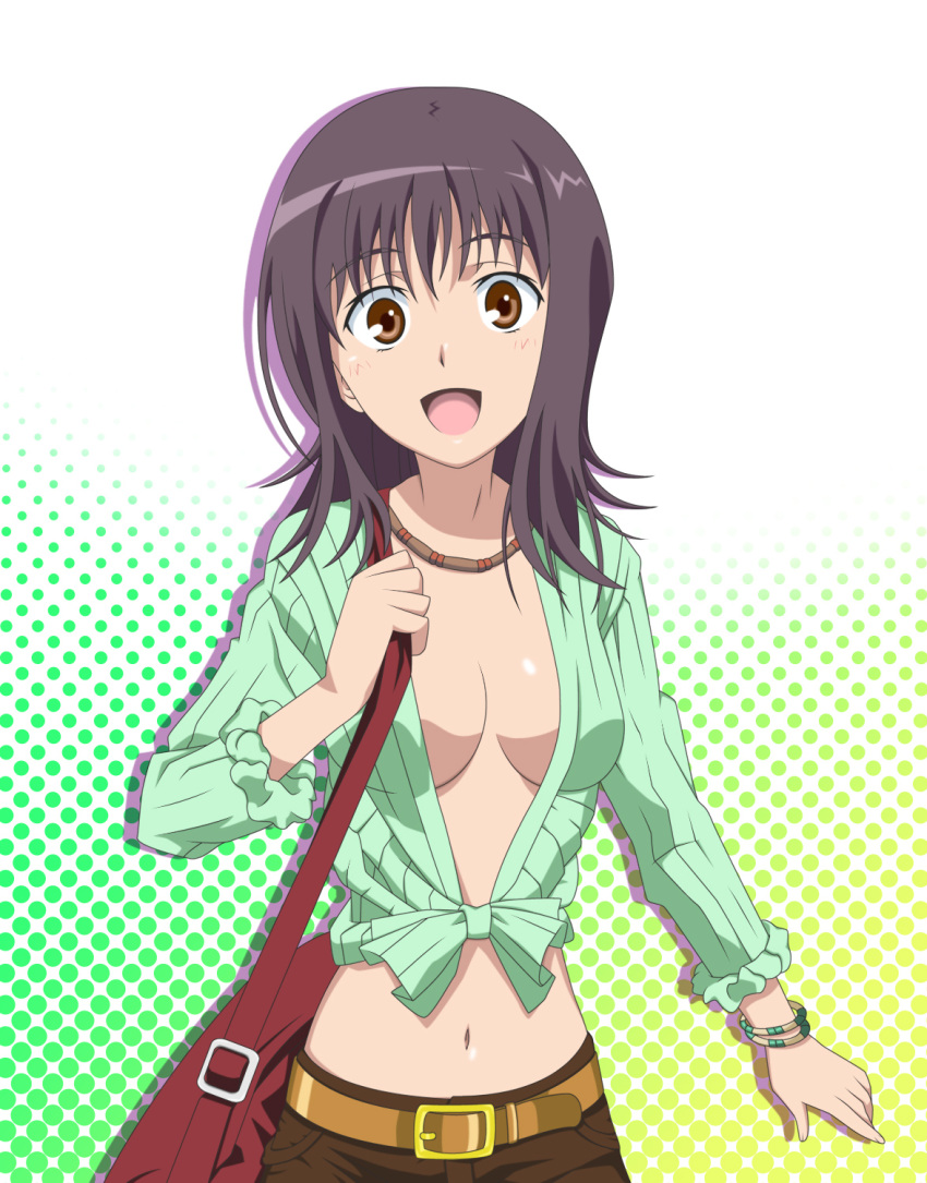 bracelet breasts brown_eyes cleavage highres itsuwa jewelry necklace no_bra open_mouth purple_hair short_hair smile smile_(rz) solo to_aru_majutsu_no_index