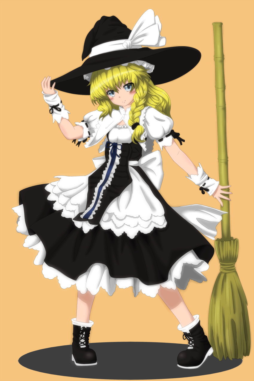 adapted_costume apron arm_up bamboo_broom blonde_hair blue_eyes blush_stickers bobby_socks boots bow braid broom capelet cross-laced_footwear curiosities_of_lotus_asia full_body hand_on_hat hat highres kirisame_marisa long_hair looking_at_viewer orange_background pigeon-toed puffy_sleeves ribbon shadow short_sleeves simple_background single_braid skirt socks sogabu_mikoto solo standing touhou witch witch_hat wrist_cuffs