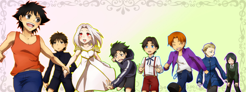 6+boys age_regression black_hair blonde_hair blue_eyes brown_hair child dress emiya_kiritsugu fate/zero fate_(series) highres hoodie irisviel_von_einzbern kayneth_archibald_el-melloi kotomine_kirei long_hair magosaki matou_kariya multiple_boys red_eyes shorts suspenders tank_top tohsaka_tokiomi toosaka_tokiomi uryuu_ryuunosuke waver_velvet white_hair young