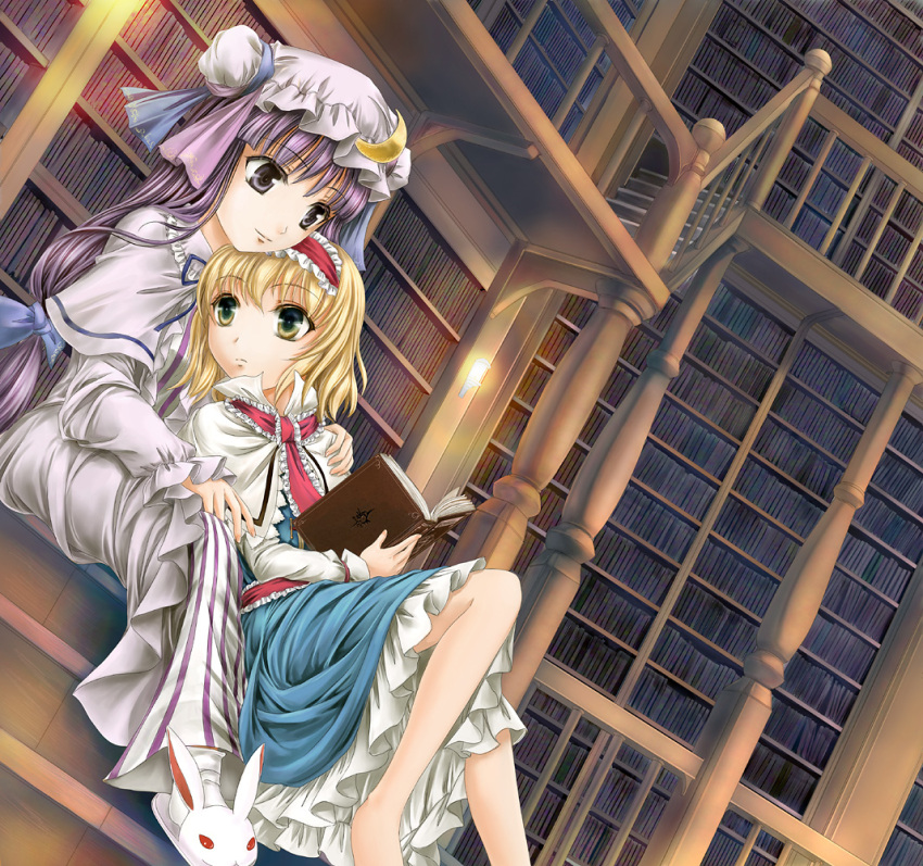 2girls alice_margatroid bangs barefoot blonde_hair blue_dress book bookshelf bunny double_bun dress dutch_angle frilled_sleeves frills hairband hand_on_shoulder hat holding indoors library long_hair long_sleeves multicolored_eyes multiple_girls patchouli_knowledge purple_eyes purple_hair rabbit ribbon room slippers stairs striped too_many_books touhou violet_eyes voile yellow_eyes yuki_shuuka yuri