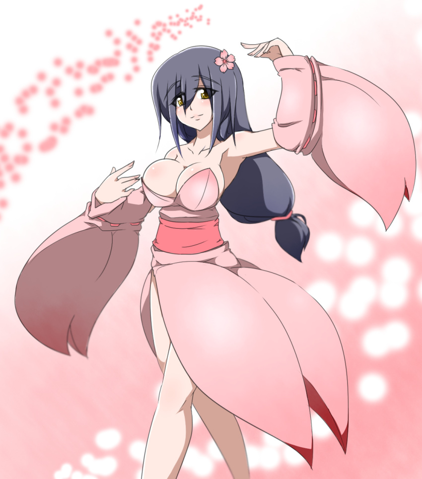 1girl armpits bare_shoulders black_hair breasts bursting_breasts cleavage dancing detached_sleeves female flower hair_ornament highres japanese_clothes japenese_clothes kaz_(shade) large_breasts legs long_hair skirt solo standing yellow_eyes