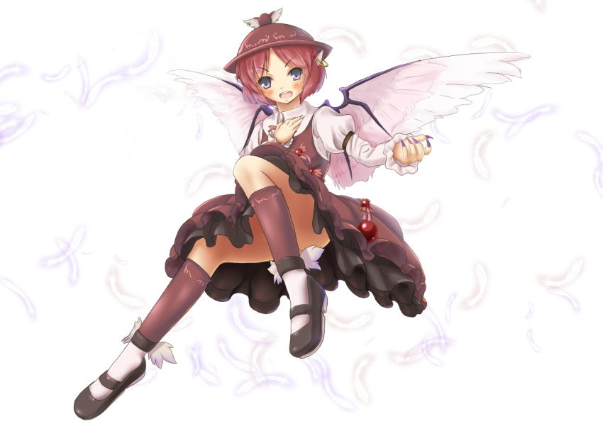 akadume dress earrings feathers grey_eyes hat jewelry mystia_lorelei open_mouth pink_hair shoes short_hair silver_eyes smile solo touhou wings
