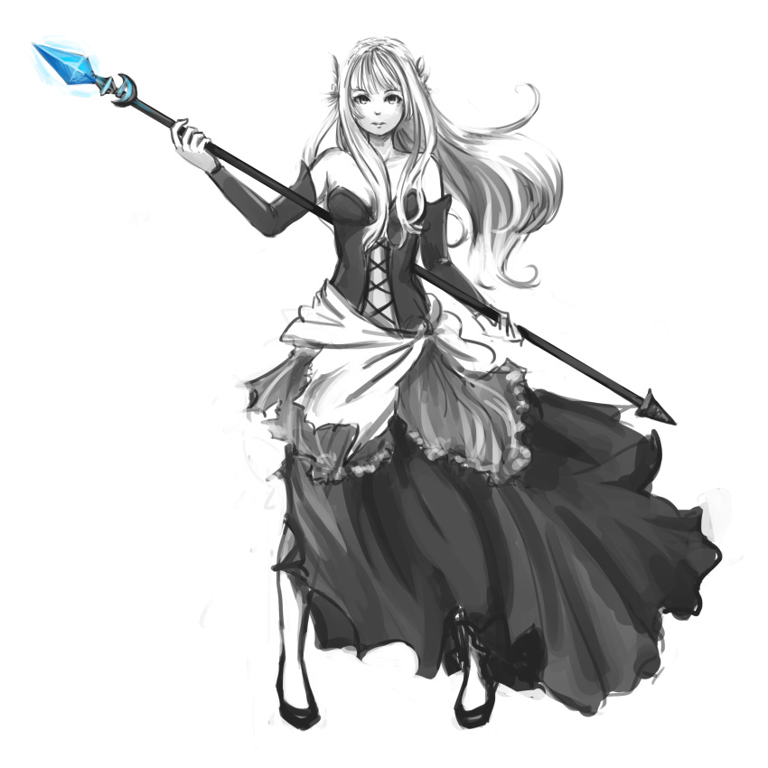 absurdres alternate_costume anonymous_drawfag artist_request bare_shoulders bustier detached_sleeves drawfag gown gwendolyn hair_down hair_ornament highres long_dress long_hair monochrome odin_sphere polearm solo spear spot_color weapon