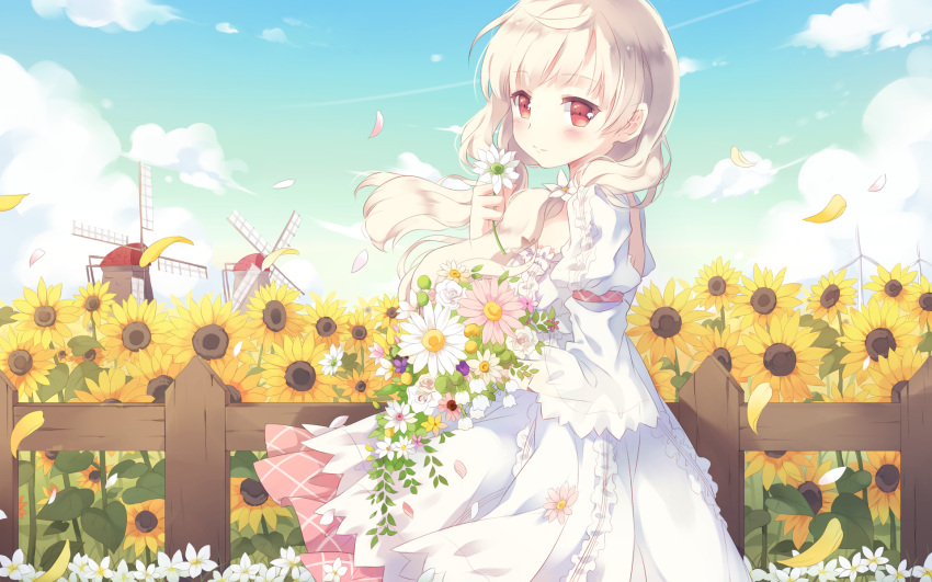 blonde_hair cafe_sourire dress nyanya ogiwara_kyouko petals red_eyes summer_dress sunflower