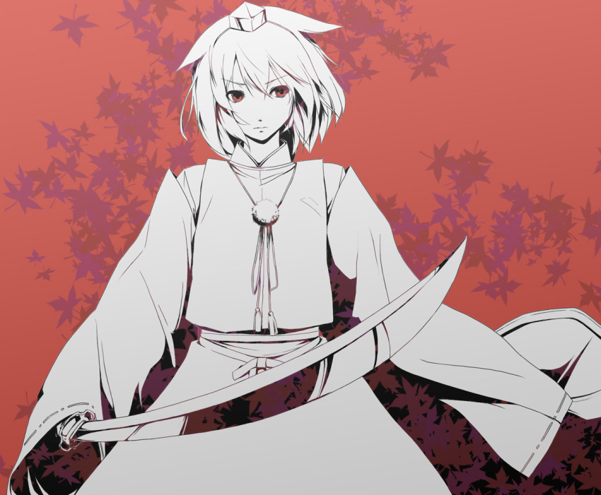 androgynous animal_ears annoyed bow detached_sleeves hair_bow hat inubashiri_momiji japanese_clothes katana leaf leaves maple_leaf monochrome orange_(color) orange_eyes red_eyes reflection ribbon serene_(gusarme) short_hair solo spot_color sword tokin_hat touhou weapon wide_sleeves