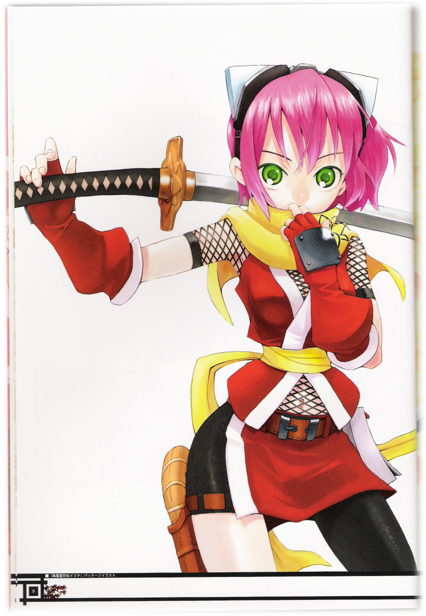 belly_button fishnets gloves goggles green_eyes highres izuna legend_of_the_unemployed_ninja midriff navel pink_hair scan scarf short_hair sword thigh_strap weapon yoshida_on
