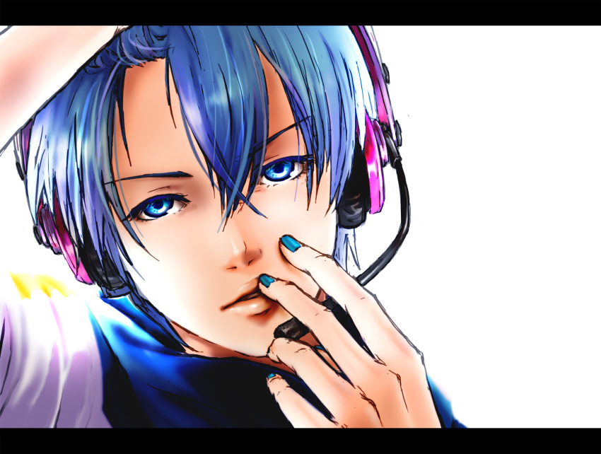 and_(abimaru) and_(piapro) blue_eyes blue_hair face hands headphones headset highres kaito lips male migikata_no_chou_(vocaloid) portrait scarf solo vocaloid