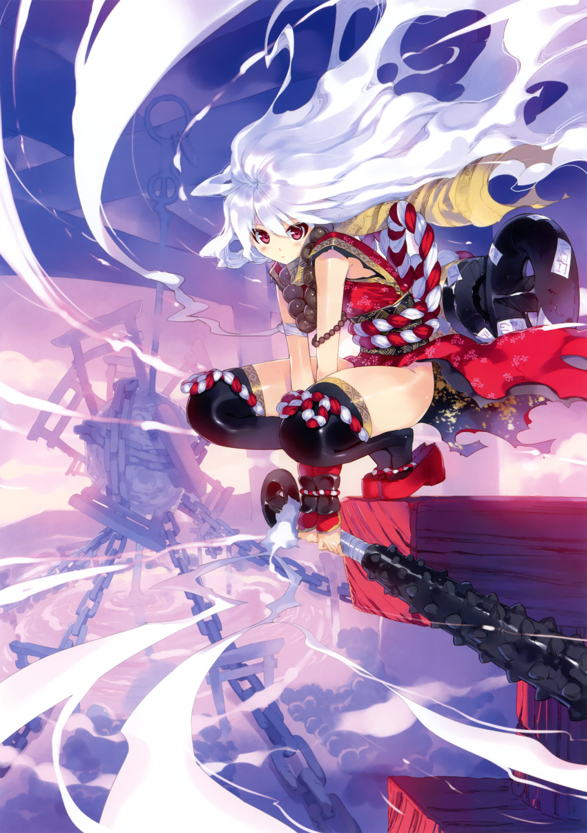 1girl absurdres bandages black_legwear chain club highres huge_filesize japanese_clothes jewelry kimono long_hair necklace no_panties obi red_eyes sandals solo spiked_club squatting thigh-highs torn_clothes ueda_ryou very_long_hair weapon white_hair