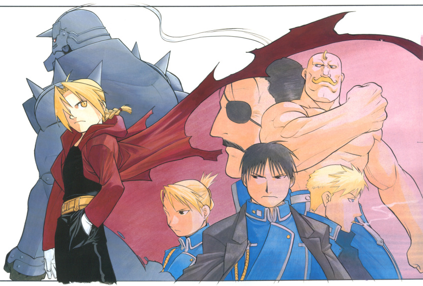 alex_luis_armstrong alphonse_elric armor black_hair blonde_hair edward_elric eyepatch fullmetal_alchemist highres jean_havoc king_bradley riza_hawkeye roy_mustang smoking yellow_eyes