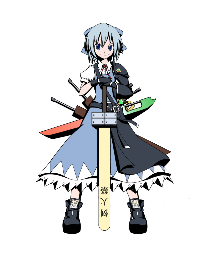 ? absurdres advent_cirno bad_id blue_eyes blue_hair cirno gloves highres keroro popsicle_stick short_hair smile solo sword t283 touhou transparent_background weapon wings ⑨