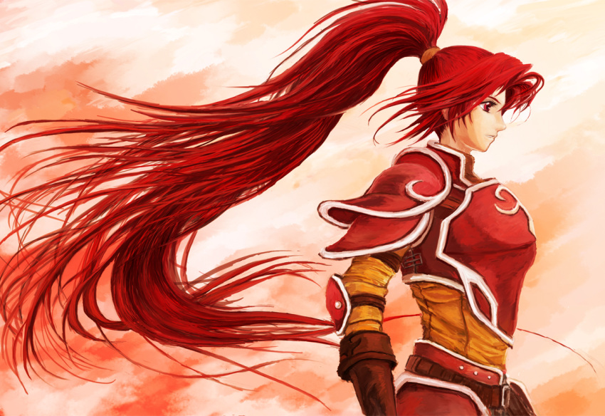 armor fire_emblem fire_emblem:_akatsuki_no_megami fire_emblem_radiant_dawn gloves jack_(pixiv) jill long_hair ponytail profile red_eyes red_hair redhead solo very_long_hair