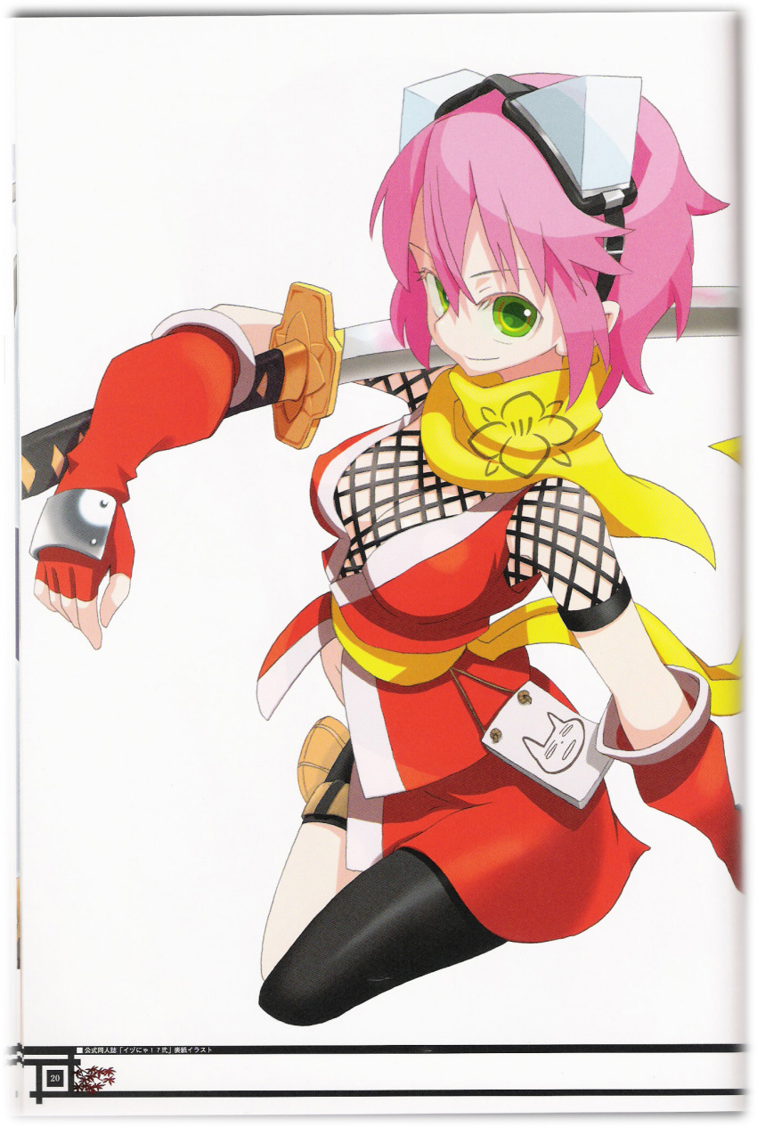 cleavage elbow_gloves fishnets gloves goggles green_eyes highres izuna legend_of_the_unemployed_ninja pink_hair scan scarf short_hair sword weapon yoshida_on