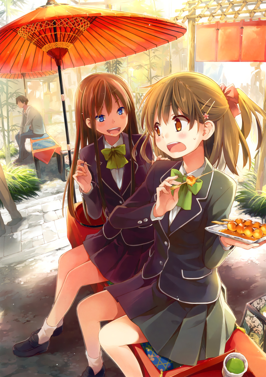 2girls :d absurdres blazer blue_eyes bow bowtie brown_eyes brown_hair dango drooling eretto food hair_bow hair_ornament hairclip half_updo highres huge_filesize loafers long_hair multiple_girls open_mouth pleated_skirt scan school_uniform shoes sitting skirt smile socks sweatdrop tea wagashi white_legwear