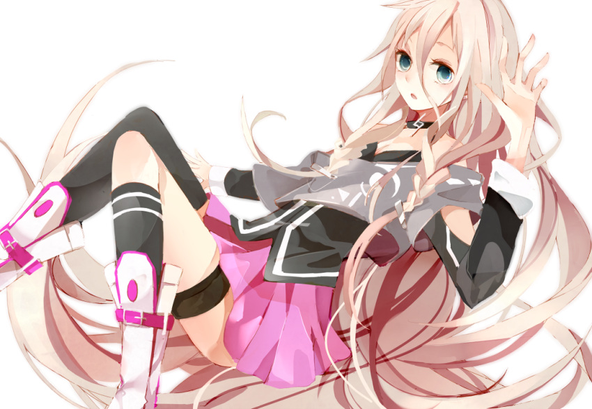 bare_shoulders blonde_hair boots green_eyes ia_(vocaloid) long_hair mismatched_legwear pleated_skirt raised_hand saamigu simple_background skirt solo thigh_strap thighhighs very_long_hair vocaloid white_background