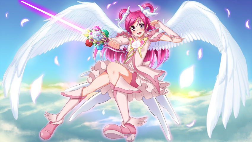 1920x1080 angel_wings bike_shorts blush butterfly cloud clouds cure_dream cure_fleuret energy_sword gloves hair_rings highres long_hair magical_girl open_mouth pink_eyes pink_hair precure shining_dream shorts_under_skirt skirt sky solo sword takebi wallpaper weapon wings yes!_precure_5 yumehara_nozomi