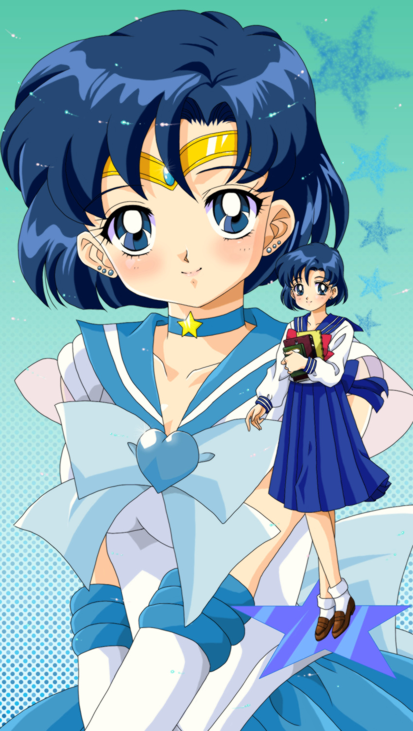 90s ankle_socks bishoujo_senshi_sailor_moon blue blue_eyes blue_hair blush book bow choker circlet earrings elbow_gloves gloves gradient gradient_background green green_background hair_ornament halftone halftone_background highres holding holding_book jewelry light_smile loafers looking_at_viewer mikiky mizuno_ami official_style sailor_mercury sailor_senshi school_uniform serafuku shoes short_hair short_socks socks solo standing star super_sailor_mercury v_arms
