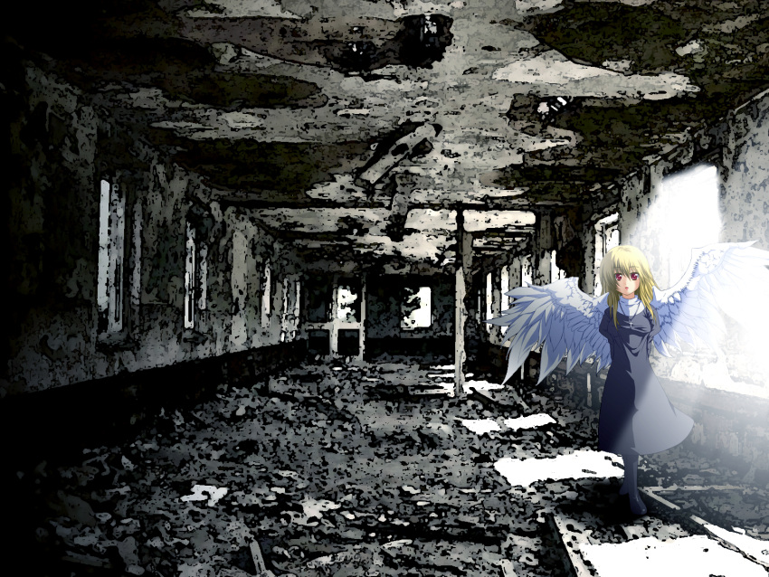 1girl :o angel_wings arms_behind_back blonde_hair butayaro ceiling cross full_body graphite_(medium) habit highres jewelry lips long_hair looking_at_viewer necklace nun original perspective photoshop red_eyes ruins solo standing sunlight traditional_media wings