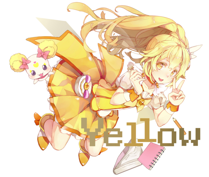 blonde_hair book bow candy_(smile_precure!) cure_peace evers highres kise_yayoi long_hair magical_girl pencil ponytail precure shorts_under_skirt smile smile_precure! solo v yellow_eyes