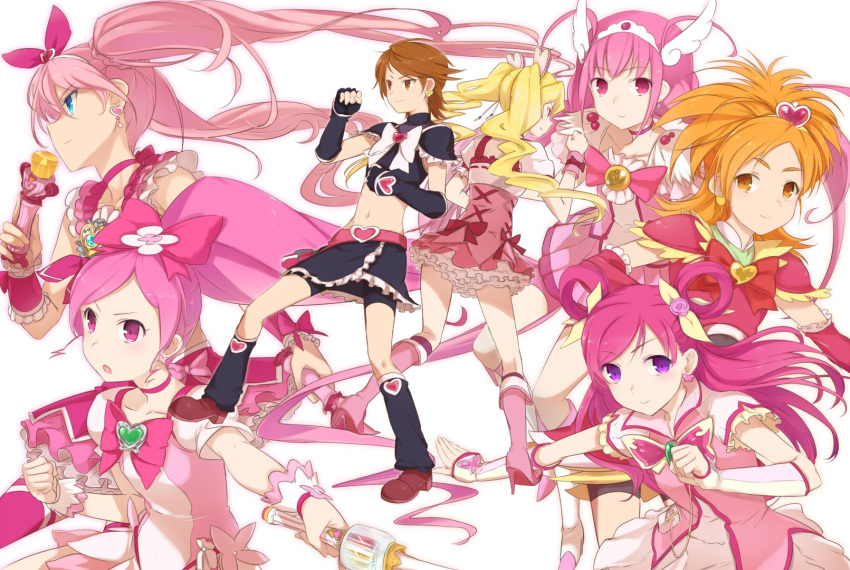 bike_shorts blonde_hair blue_eyes brown_eyes brown_hair color_connection cure_black cure_bloom cure_blossom cure_dream cure_happy cure_melody cure_peach earrings female flower_tact fresh_precure! futari_wa_precure futari_wa_precure_splash_star hanasaki_tsubomi heartcatch_precure! high_heels highres hoshizora_miyuki houjou_hibiki hyuuga_saki long_hair magical_girl minazuki_randoseru miracle_belltier misumi_nagisa momozono_love multiple_girls pink pink_eyes pink_hair ponytail precure pretty_cure shorts_under_skirt skirt smile_precure! suite_precure white_background yes!_precure_5 yumehara_nozomi