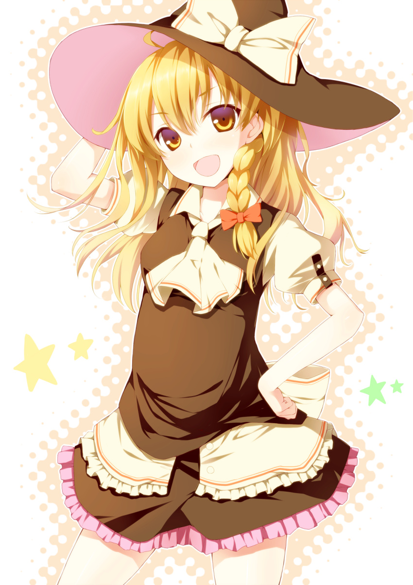 :d ascot blonde_hair bow braid brown_eyes dabadhi dress hand_on_hat hand_on_hip hat hat_bow hat_ribbon highres kirisame_marisa long_hair open_mouth ribbon single_braid skirt smile solo star touhou wild_and_horned_hermit witch witch_hat yellow_eyes