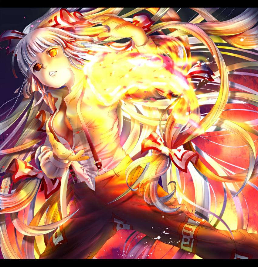 arms_up bad_id bow breasts buttons dress_shirt eyebrows fire fujiwara_no_mokou gradient gradient_background hair_bow hair_ribbon highres light_particles lips long_hair long_sleeves looking_at_viewer monchi_(kashiwa2519) ofuda open_clothes open_hands open_shirt pants parted_lips red_eyes ribbon shirt solo suspenders teeth touhou very_long_hair white_hair