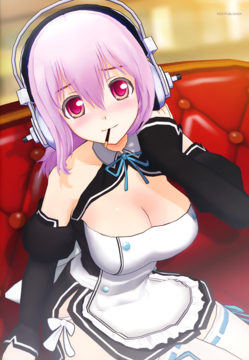 absurdres blush breasts cleavage detached_sleeves food headphones highres large_breasts looking_at_viewer maid mouth_hold nitroplus pink_eyes pink_hair pocky short_hair sitting smile sonico super_sonico thigh-highs thighhighs