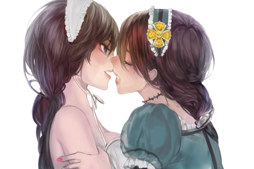bare_shoulders blue_eyes breasts brown_hair choker closed_eyes dual_persona eyes_closed hairband incipient_kiss lips long_hair mini_crown multiple_girls nail_polish ponytail puffy_sleeves simple_background tcb vocaloid white_background yuri
