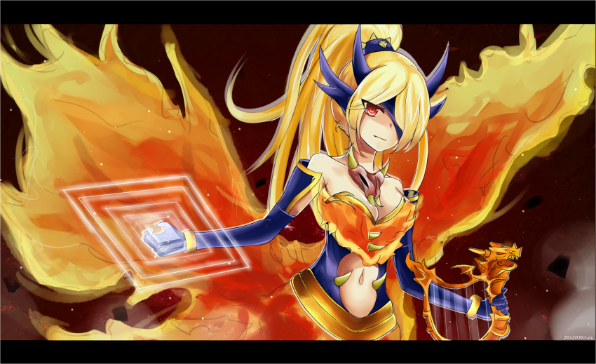 breasts cleavage dragon dragon_devil_queen_dragoon duel_monster gloves harp highres instrument queen_dragoon red_eyes solo yu-gi-oh! yuu-gi-ou yuu-gi-ou_duel_monsters
