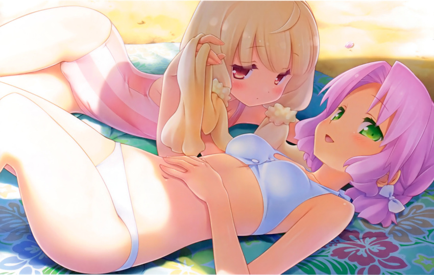 bikini blanket blonde_hair blush bow cafe_sourire character_request gayarou green_eyes hair_bow hand_in_another's_hair hand_on_stomach highres hips indoors lavender_hair long_hair looking_at_viewer lying mizushima_kasumi multiple_girls natsume_eri navel ogiwara_kyouko on_back on_side one-piece_swimsuit outdoors pink_hair red_eyes short_hair striped striped_swimsuit swimsuit vertical-striped_swimsuit