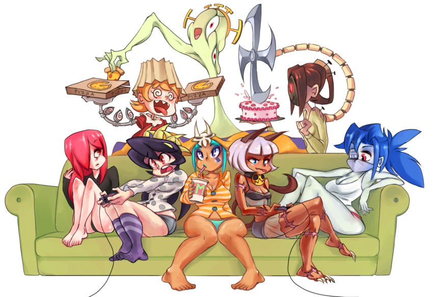 :p @_@ animal_ears bangs barefoot bell blue_eyes blue_lipstick blunt_bangs blush bob_cut bra breasts buttons cake camisole casual cat_ears cat_tail cerebella_(skullgirls) cleavage controller couch d: dark_skin double_(skullgirls) drinking everyone extra_mouth eyepatch eyeshadow facial_mark filia filia_(skullgirls) food game_controller gloves glowing glowing_eyes hair_ornament hair_over_one_eye hairpin jingle_bell lampshade lingerie lipstick living_clothes long_hair long_sleeves looking_back makeup mask mechanical_arms monster multiple_girls nadia_fortune nail no_hat no_headwear no_pants no_shoes open_mouth outstretched_arms painwheel_(skullgirls) pajamas pale_skin parasoul parasoul_(skullgirls) peacock_(skullgirls) pigeon-toed pizza playing_games ponytail red_eyes rtil scar see-through sharp_teeth sitting skullgirls socks straw surgical_mask tail tongue tray underwear valentine_(skullgirls) white_gloves