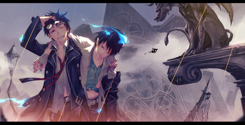ao_no_exorcist bandage bandages belt black_hair blood brothers glasses highres letterboxed monq multiple_boys necktie okumura_rin okumura_yukio pants pointy_ears short_hair siblings smile statue striped striped_necktie torn_clothes wink
