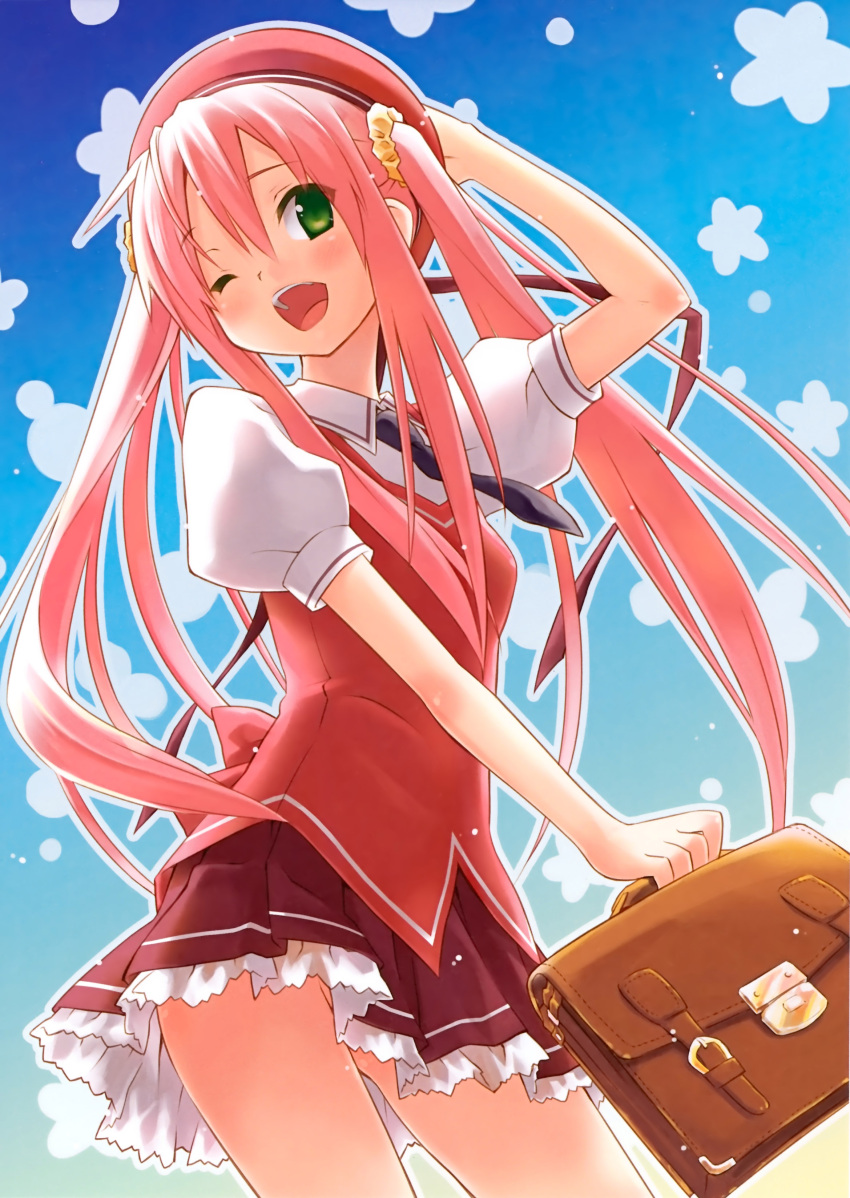 absurdres briefcase cafe_sourire character_request eretto gayarou highres indoors long_hair mizushima_serika no_panties open_mouth pink_hair skirt solo vest wink