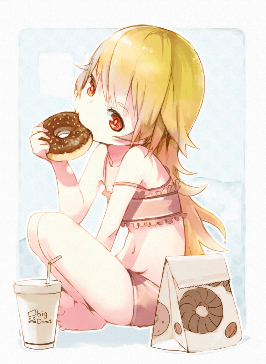 bag bakemonogatari barefoot bikini blonde_hair blush cup doughnut eating head_tilt highres indian_style long_hair monogatari_(series) mouth_hold navel nerima nisemonogatari oshino_shinobu paper_bag paper_cup red_eyes revision sitting solo strap_slip straw swimsuit