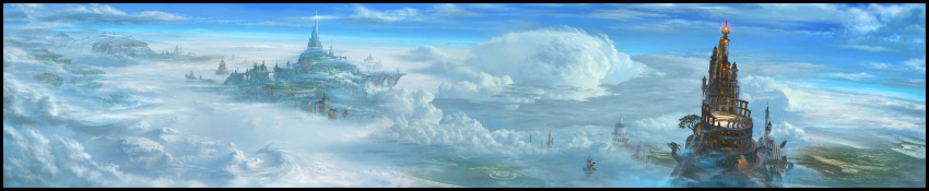 border building city cloud clouds dragon floating_island highres long_image no_humans original scenery sky ucchiey wide_image